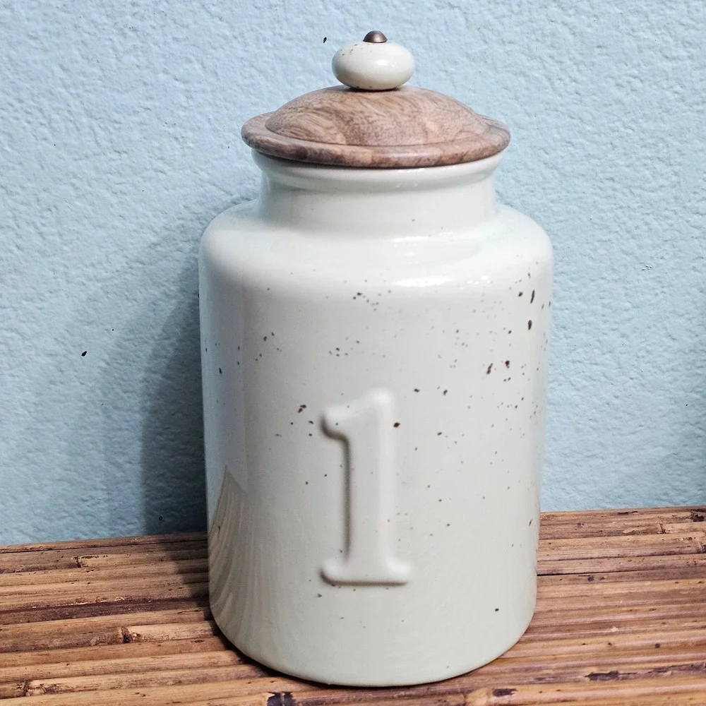 Pier 1 Imports Mint Green Speckled Ceramic Canister Set Wood Lids Farmhouse